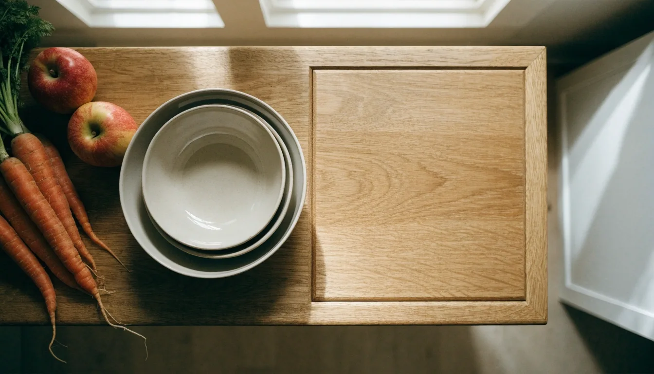 Zamknięta szuflada i ceramiczne miski na blacie w łagodnym świetle