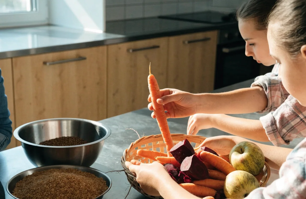 Koszyk z sezonowymi warzywami i produktami trwałymi na targu