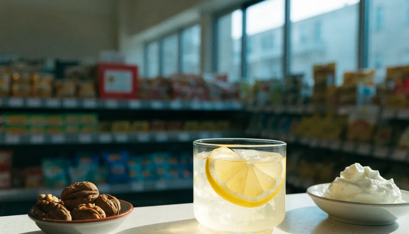 Szklanka wody z cytryną, orzechy i jogurt naturalny na tle rozmytych sklepowych półek