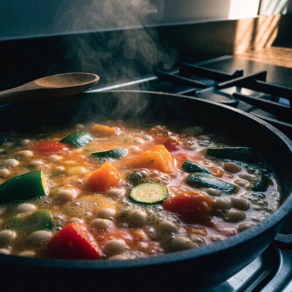 Garnek gęstego warzywnego gulaszu z papryką, cukinią i fasolą na kuchence